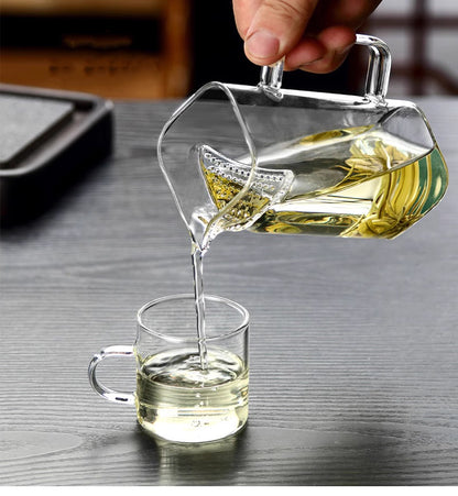 Théière en verre carrée avec 2 tasses transparantes résistant à la chaleur avec filtre intégrant parfait pour le thé (350ml)