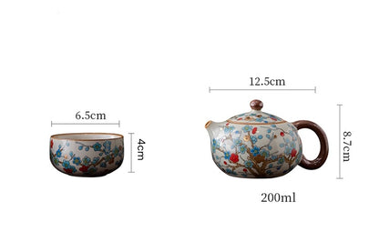 Théière en porcelaine Ruyao Fleur de prunier dorée avec deux tasses