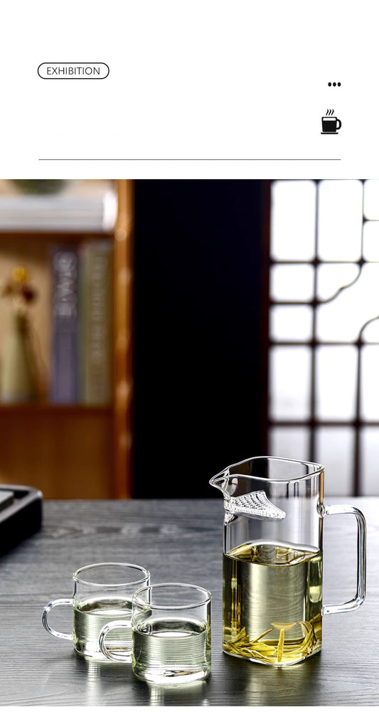 Théière en verre carrée avec 2 tasses transparantes résistant à la chaleur avec filtre intégrant parfait pour le thé (350ml)