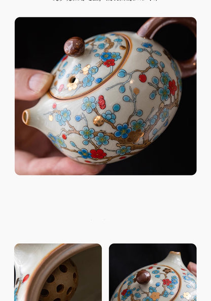 Théière en porcelaine Ruyao Fleur de prunier dorée avec deux tasses